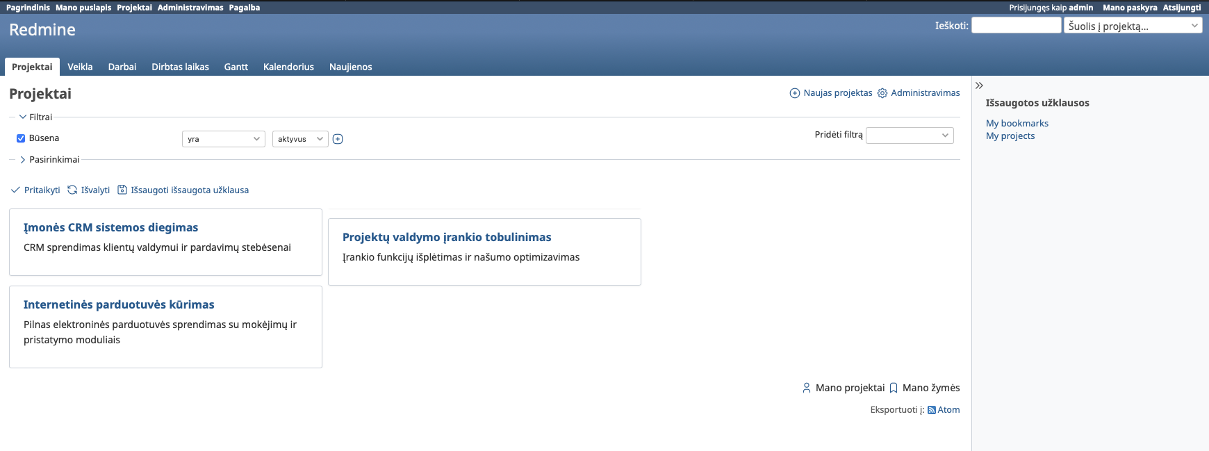 Redmine projektų valdymo sistemos pavyzdys